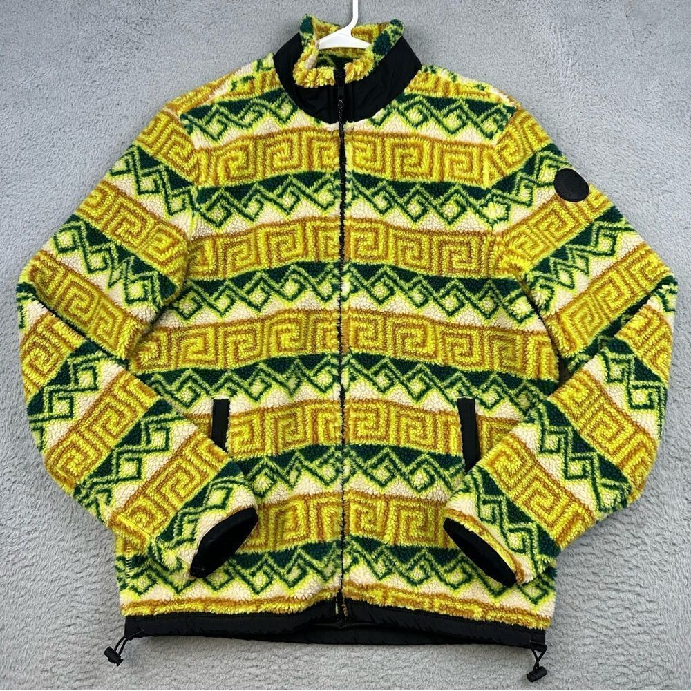 American Eagle Sweater Mens Small Yellow Green Sherpa Aztec Tribal Full Zip Prep